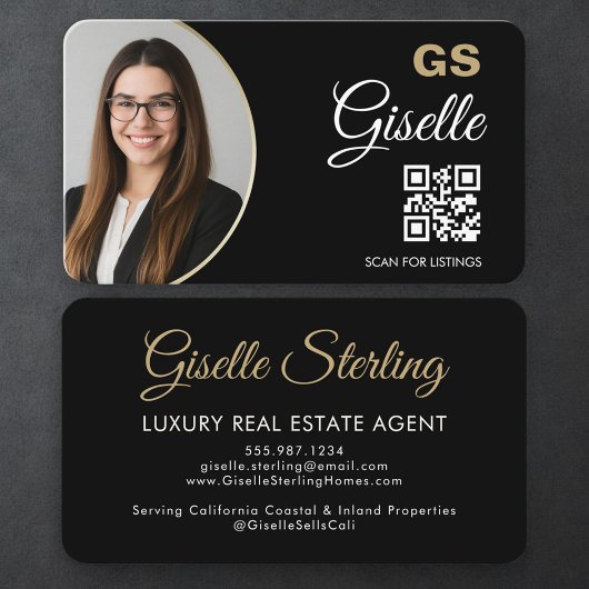Luxury Real Estate Agent QR Code Black Gold Photo 名刺