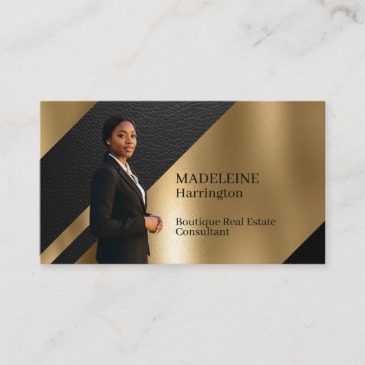 Luxury Real Estate Black & Gold Black Leather Luxe 名刺 (正面)