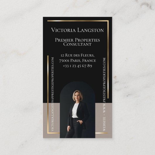 Luxury Real Estate Black Gold Photo Monogram 名刺 (裏面)
