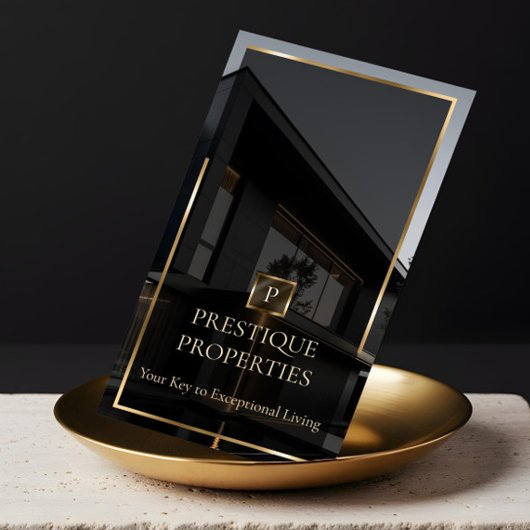 Luxury Real Estate Black Gold Photo Monogram 名刺