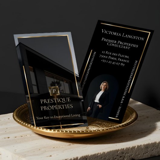 Luxury Real Estate Black Gold Photo Monogram 名刺