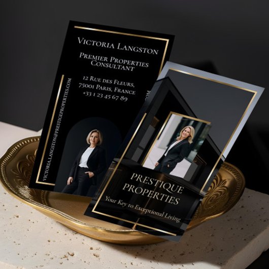 Luxury Real Estate Black Gold Photo Monogram 名刺