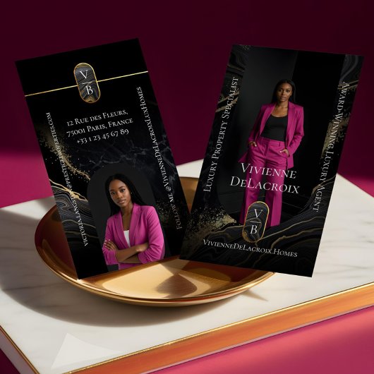 Luxury Real Estate Elegant Black Gold Marble Photo 名刺