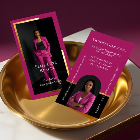Luxury Real Estate Elegant Black Gold & Pink Photo 名刺