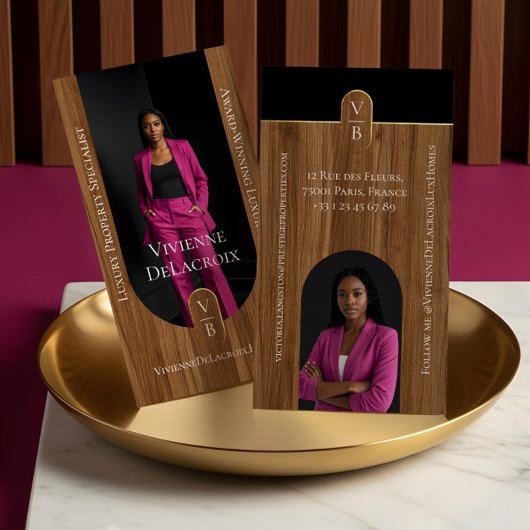 Luxury Real Estate Elegant Woodgrain & Gold Photo 名刺