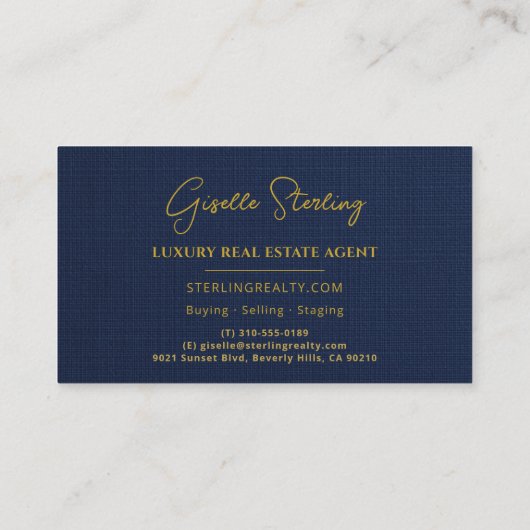 Luxury Real Estate Navy Blue Gold Linen 名刺 (裏面)