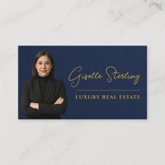 Luxury Real Estate Navy Blue Gold Linen 名刺 (正面)