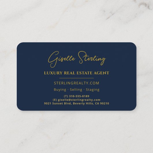 Luxury Real Estate Navy Blue Gold Script  名刺 (裏面)
