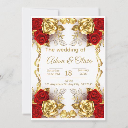 Luxury Red and Gold Floral Wedding Invitation 招待状 (正面)
