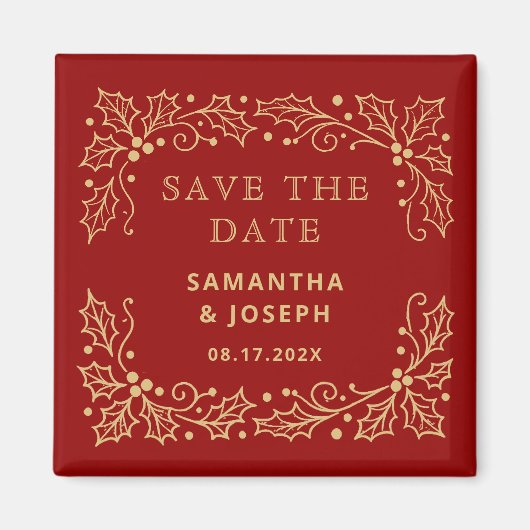 Luxury Red & Antique-Gold Save the Date マグネット (正面)