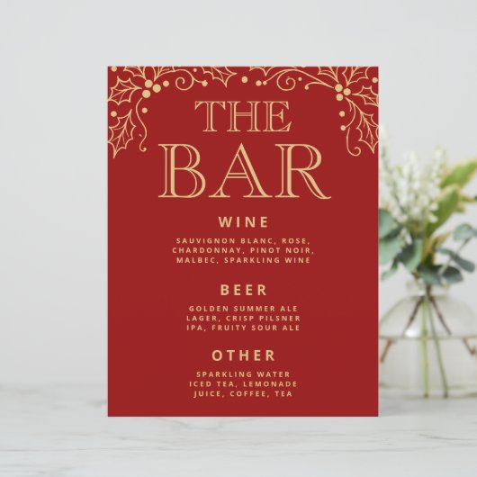 Luxury Red & Antique Gold Wedding Bar Menu Sign (スタンド正面)