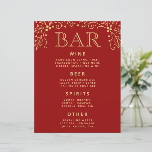 Luxury Red Antique Gold Wedding Bar Menu Tabletop (スタンド正面)