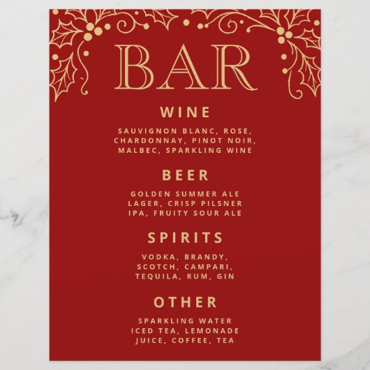 Luxury Red Antique Gold Wedding Bar Menu Tabletop (正面)