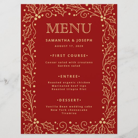 Luxury Red & Antique-Gold Wedding Menu Card メニュー (正面)