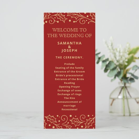 Luxury Red & Antique-Gold Wedding Program Card (スタンド正面)