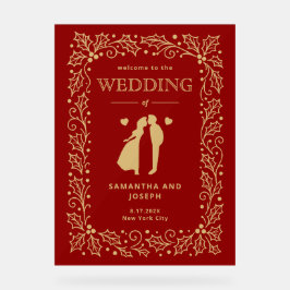Luxury Red & Antique-Gold Wedding Welcome アクリルサイン