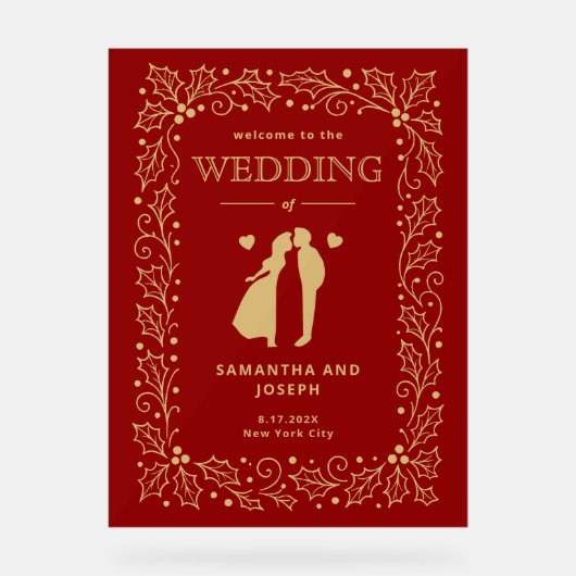 Luxury Red & Antique-Gold Wedding Welcome アクリルサイン (正面)