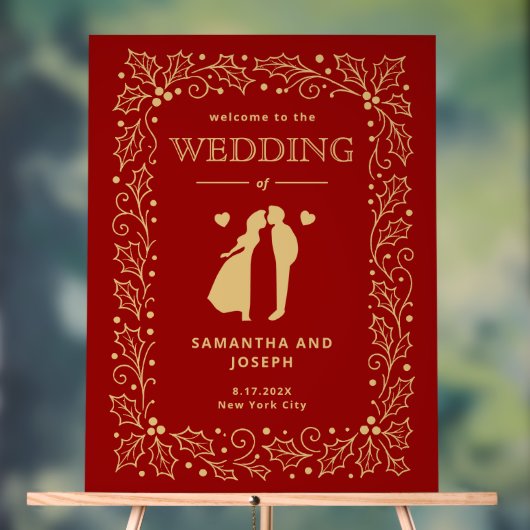 Luxury Red & Antique-Gold Wedding Welcome アクリルサイン (ニュートラル)