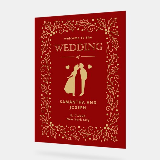 Luxury Red & Antique-Gold Wedding Welcome アクリルサイン (傾斜)