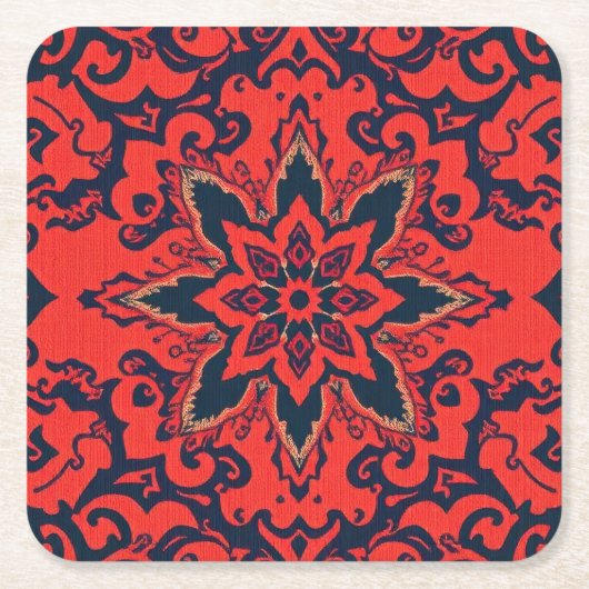 Luxury Red Blue Ornate Persian Medallion Pattern スクエアペーパーコースター (正面)
