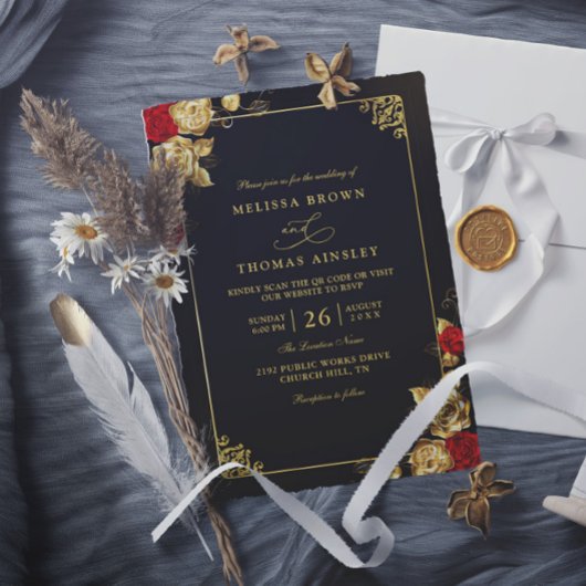 Luxury Red Gold and Black Elegant QR Code Wedding 招待状