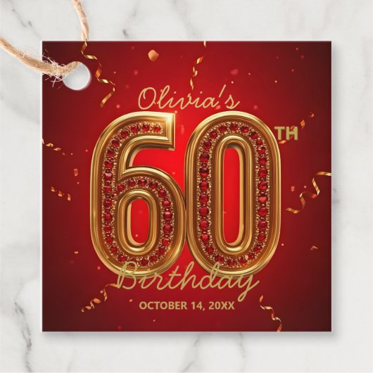 Luxury Red & Gold Glitter Ruby Jewel 60th Birthday フェイバータグ (正面)