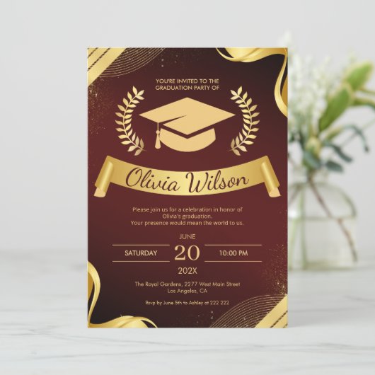 Luxury Red & Gold Graduation Party 招待状 (スタンド正面)