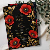 Luxury Red Poppy Black and Gold Floral Elegant アクリル招待状