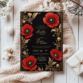Luxury Red Poppy Black and Gold Floral Elegant アクリル招待状