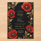 Luxury Red Poppy Black and Gold Floral Elegant アクリル招待状 (正面)