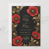 Luxury Red Poppy Black and Gold Floral Elegant 招待状 (正面)