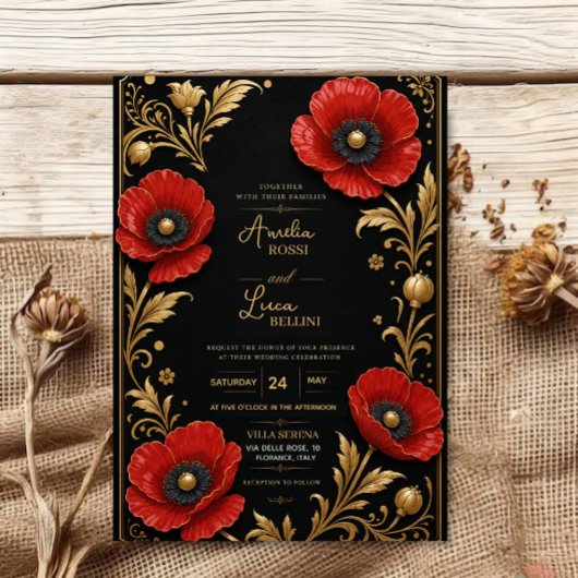 Luxury Red Poppy Black and Gold Floral Elegant 招待状