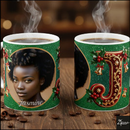 Luxury Red Velvet Gold Christmas Letter J コーヒーマグカップ