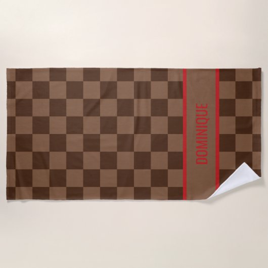 Luxury Red with Brown Checkered ビーチタオル (正面)