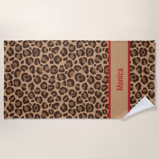 Luxury Red with Leopard Print ビーチタオル (正面)