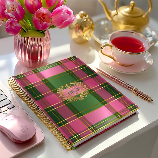 Luxury Rich Pink Green Plaid Crest Monogram ノートブック