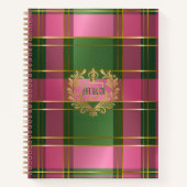 Luxury Rich Pink Green Plaid Crest Monogram ノートブック (正面)
