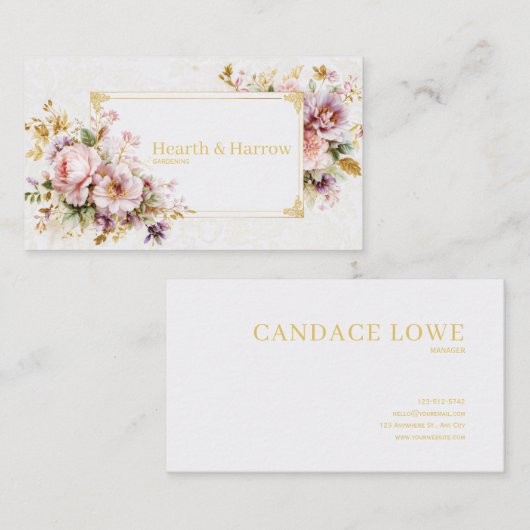 Luxury Romantic Blush Floral Peony and Gold Frame 名刺 (正面/裏面)