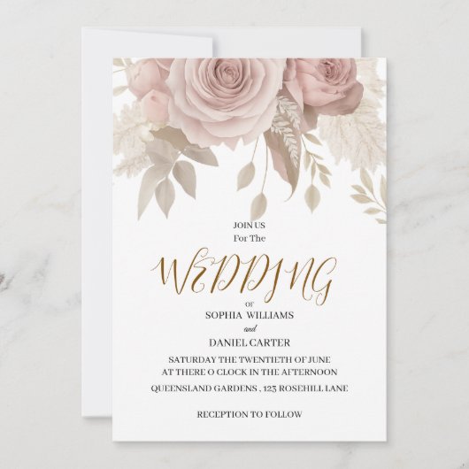 Luxury Rose Gold Blush Botanical Wedding Card 招待状 (正面)