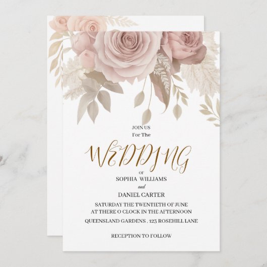 Luxury Rose Gold Blush Botanical Wedding Card 招待状 (正面/裏面)
