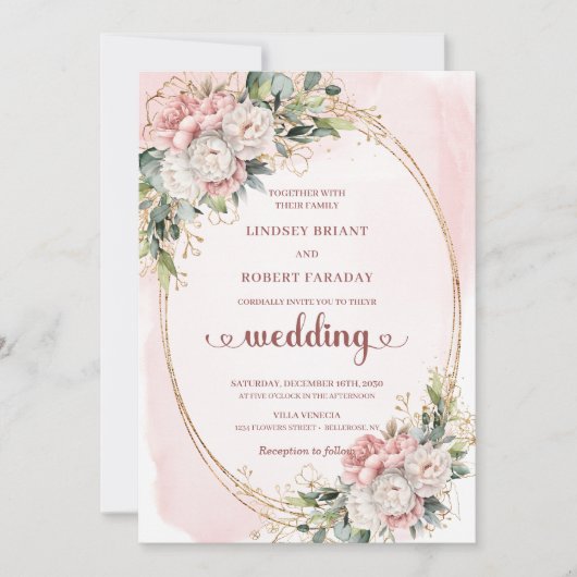 Luxury Rose Gold Blush Floral Wedding Invitation 招待状 (正面)