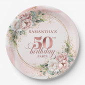 Luxury Rose Gold Peonies 50th Birthday Party Plate ペーパープレート (正面)