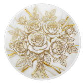 Luxury Roses Bouquet in Gold, White Marble stone セラミックノブ (正面)