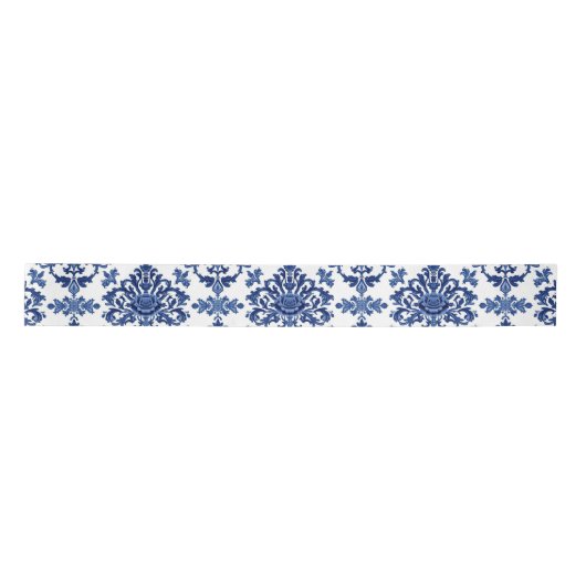 Luxury Royal Blue and White Baroque Floral Pattern サテンリボン (正面)