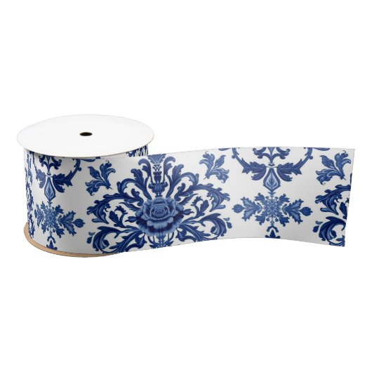 Luxury Royal Blue and White Baroque Floral Pattern サテンリボン (リール)