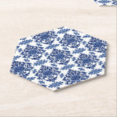 Luxury Royal Blue and White Baroque Floral Pattern ペーパーコースター (アングル)
