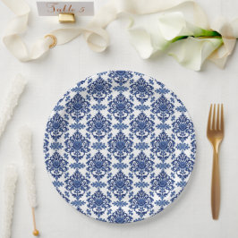 Luxury Royal Blue and White Baroque Floral Pattern ペーパープレート
