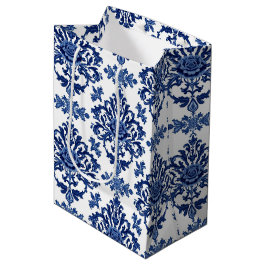 Luxury Royal Blue and White Baroque Floral Pattern ミディアムペーパーバッグ