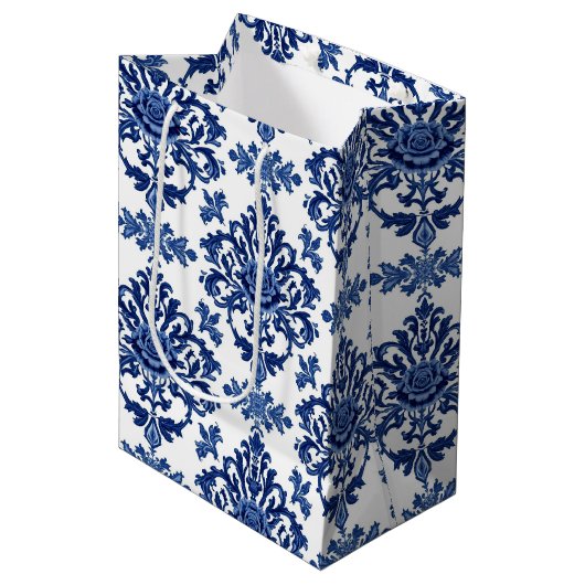 Luxury Royal Blue and White Baroque Floral Pattern ミディアムペーパーバッグ (正面アングル)