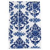 Luxury Royal Blue and White Baroque Floral Pattern ミディアムペーパーバッグ (裏面)